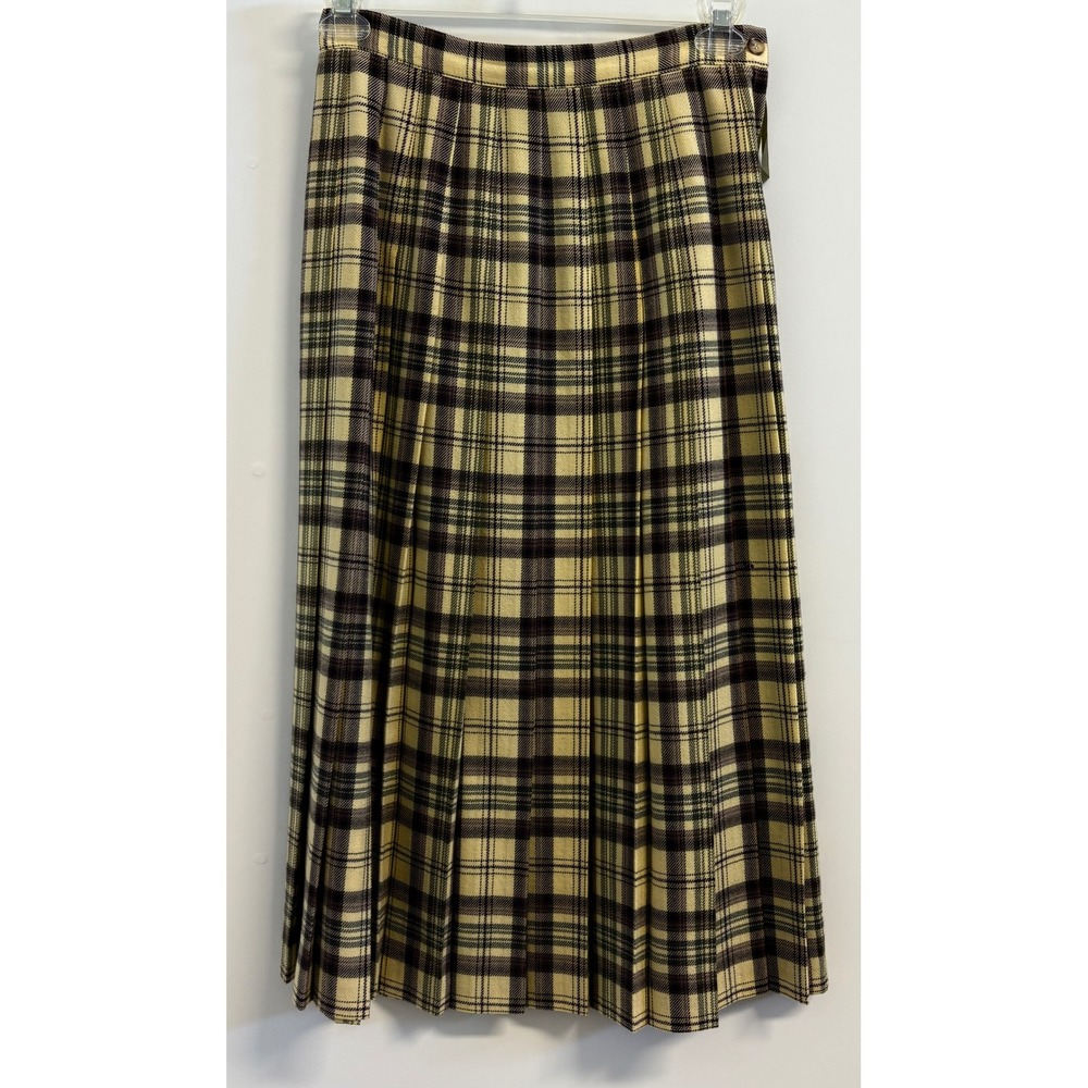 Talbots Vintage Plaid Pleated Midi Skirt 100% Worsted Wool Purple Yellow USA 10